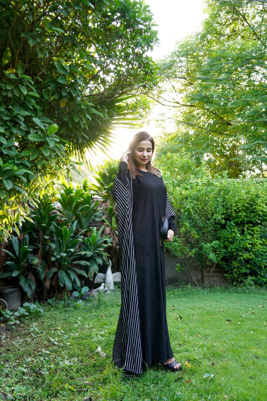 Elegant Pleated Gown with Inner Dress & Striped Overlay