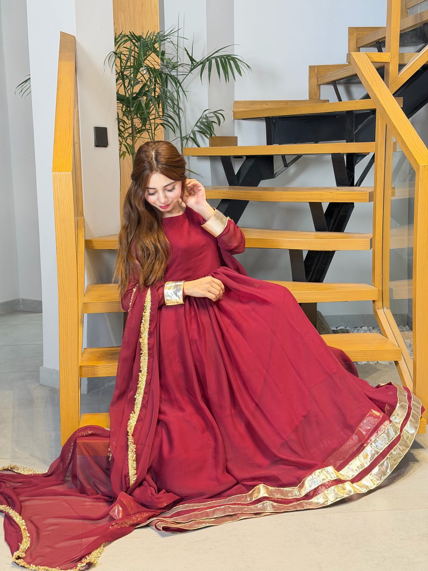 Maroon Gold-Trimmed Festive Maxi