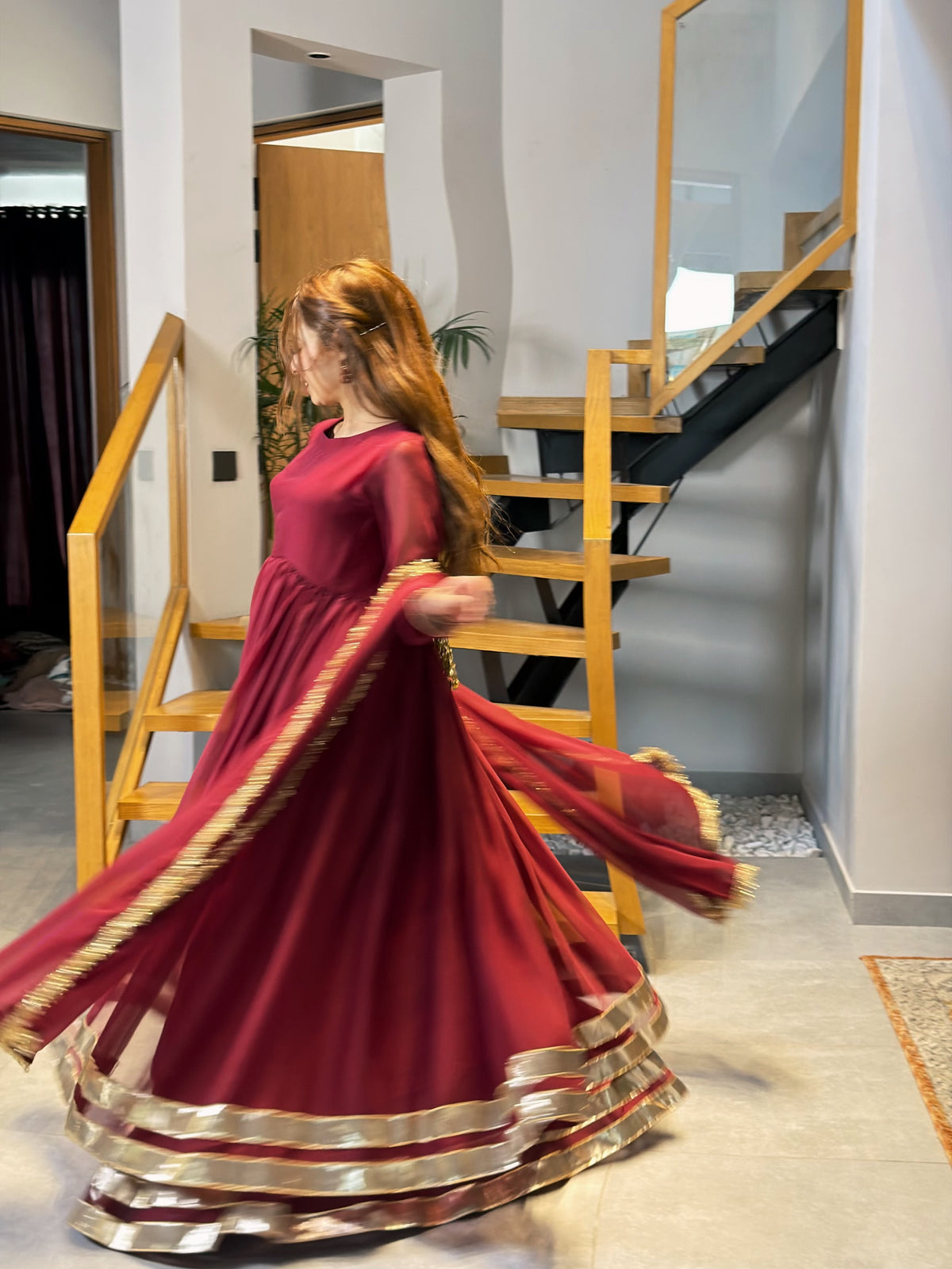 Maroon Gold-Trimmed Festive Maxi
