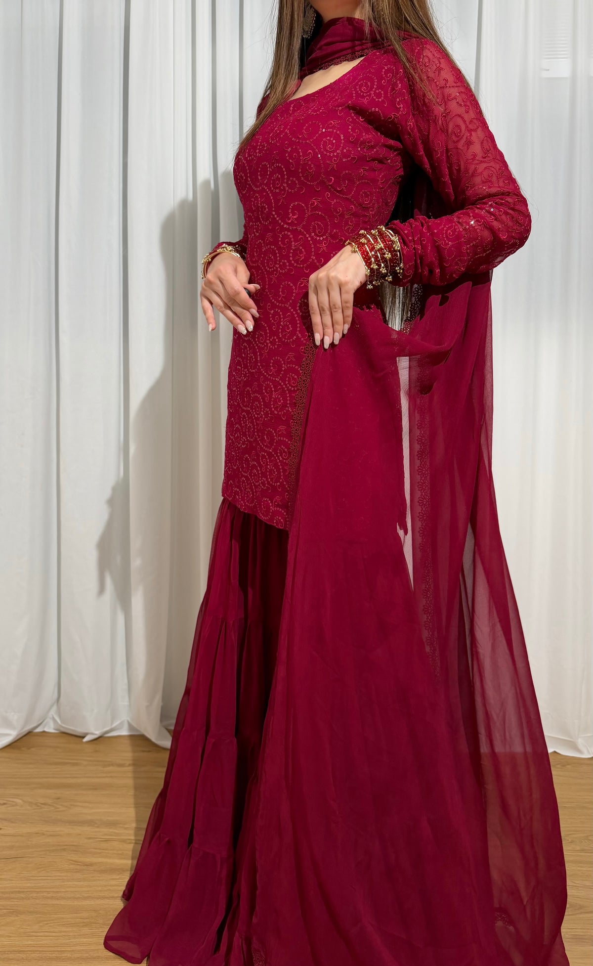 Maroon Embroidered Chiffon Sharara Set