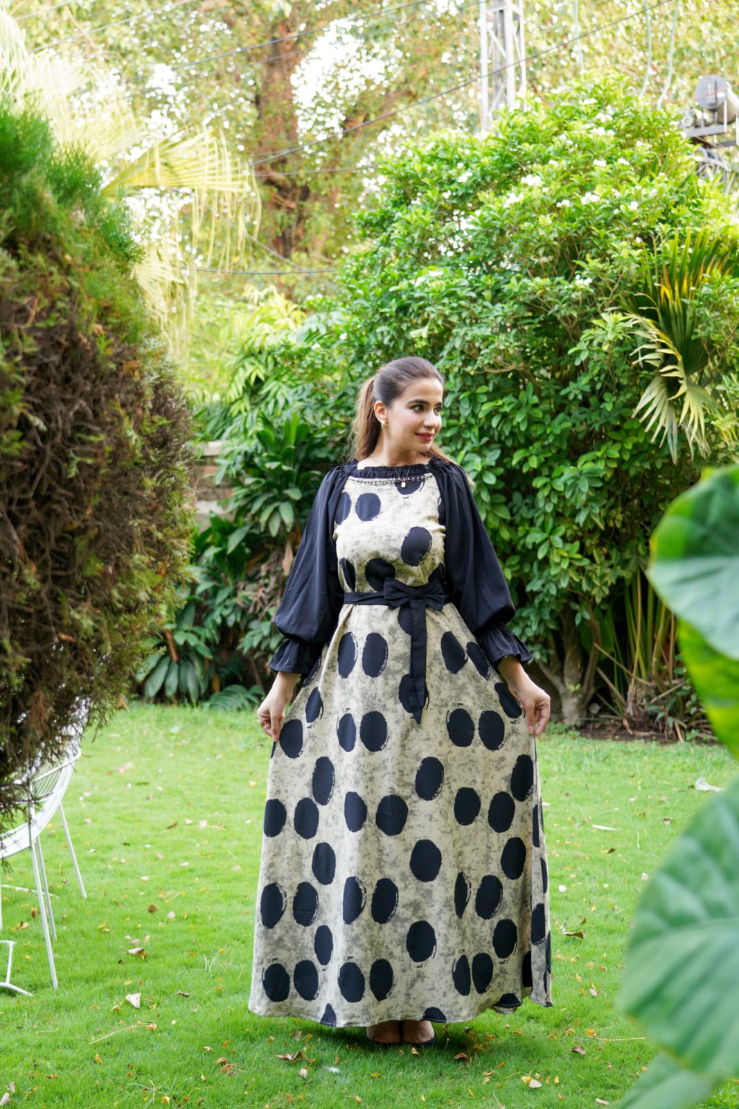 Polka Muse/Belted Balloon Sleeves Maxy