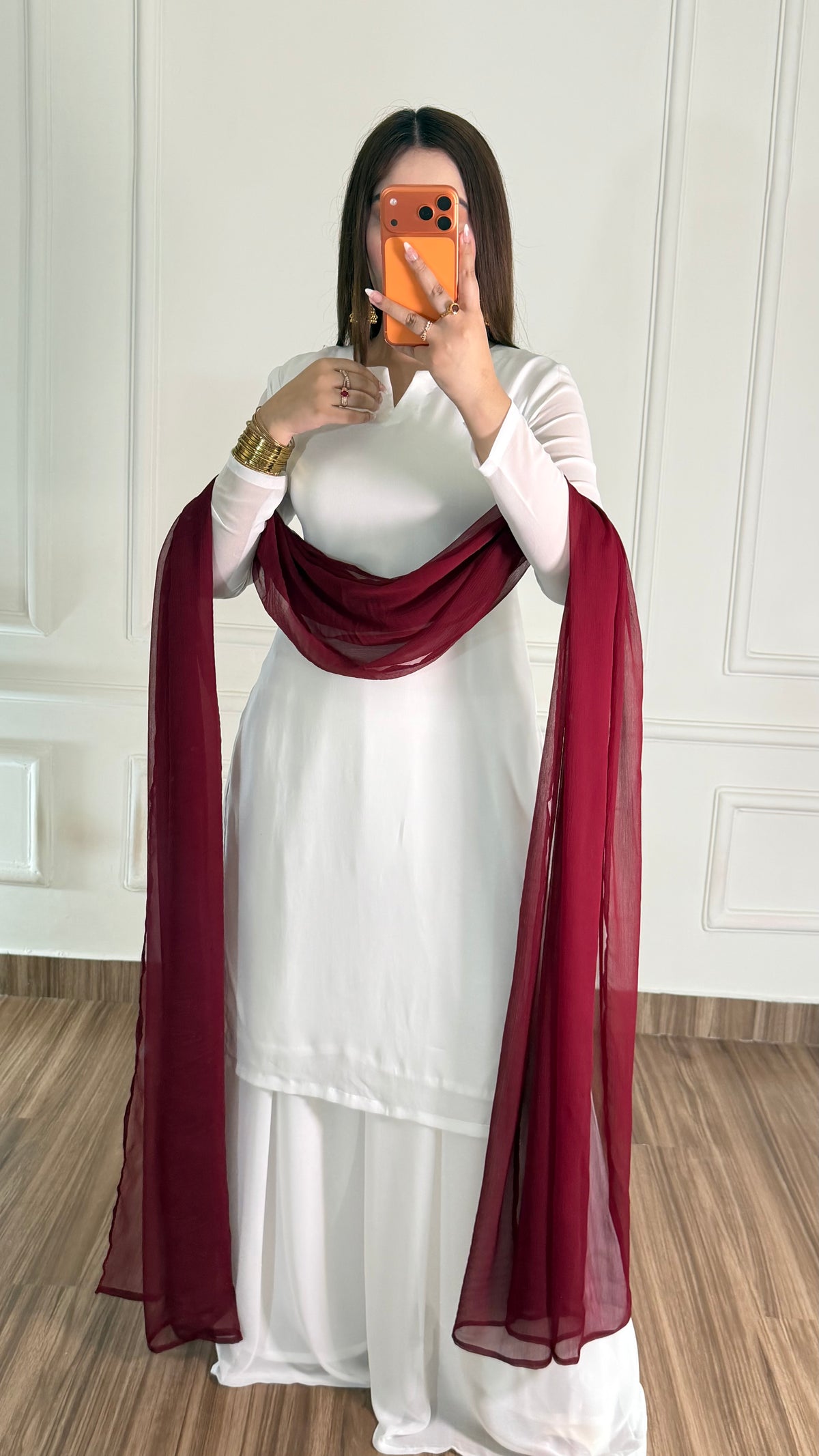 White Silk Straight Suit with Maroon Dupatta