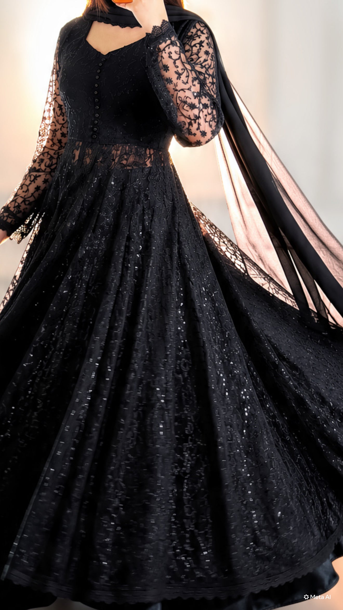 Black Lace Flared Maxi Dress