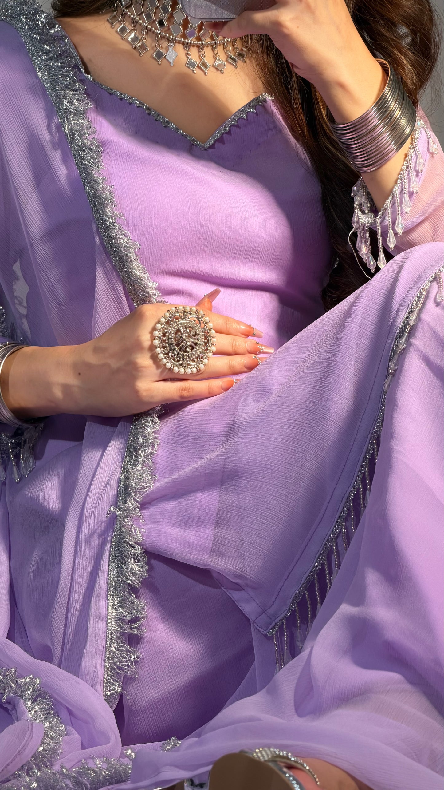 Lilac Silver-Touch Chiffon Sharara Set