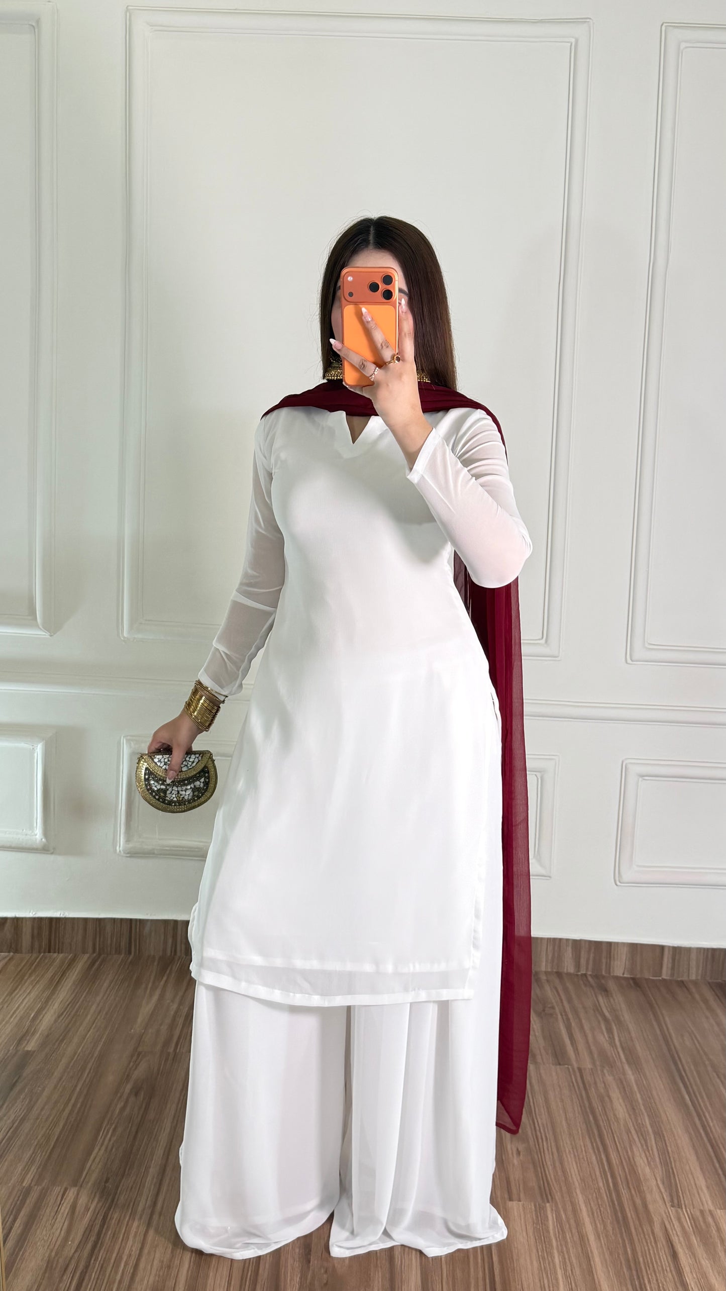 White Silk Straight Suit with Maroon Dupatta