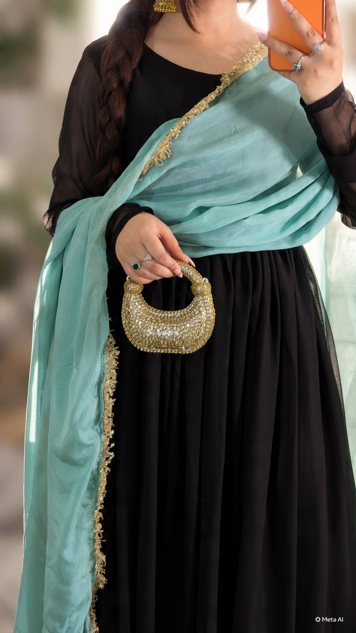 Midnight Black & Aqua Blue Chiffon Suit