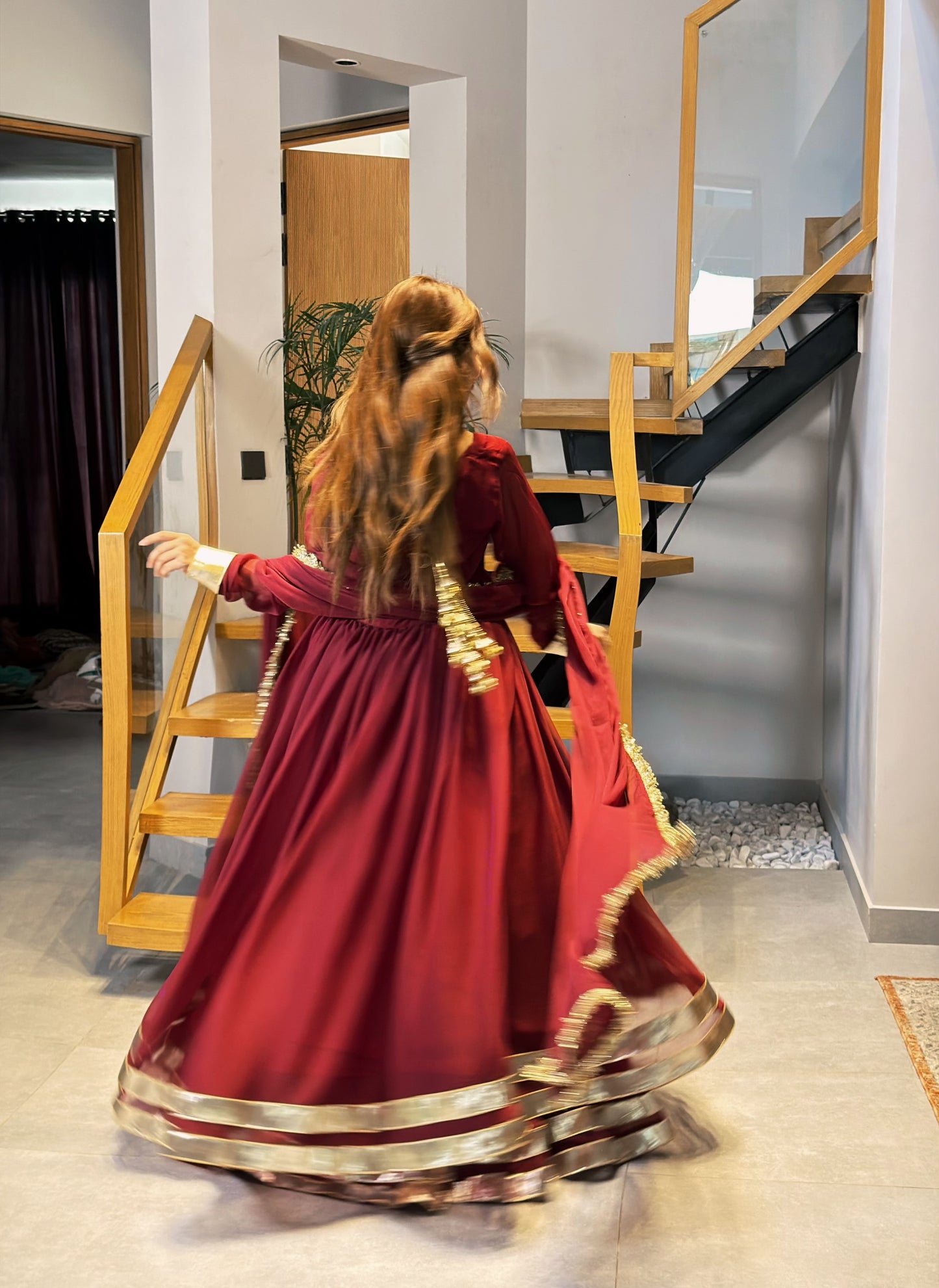 Maroon Gold-Trimmed Festive Maxi