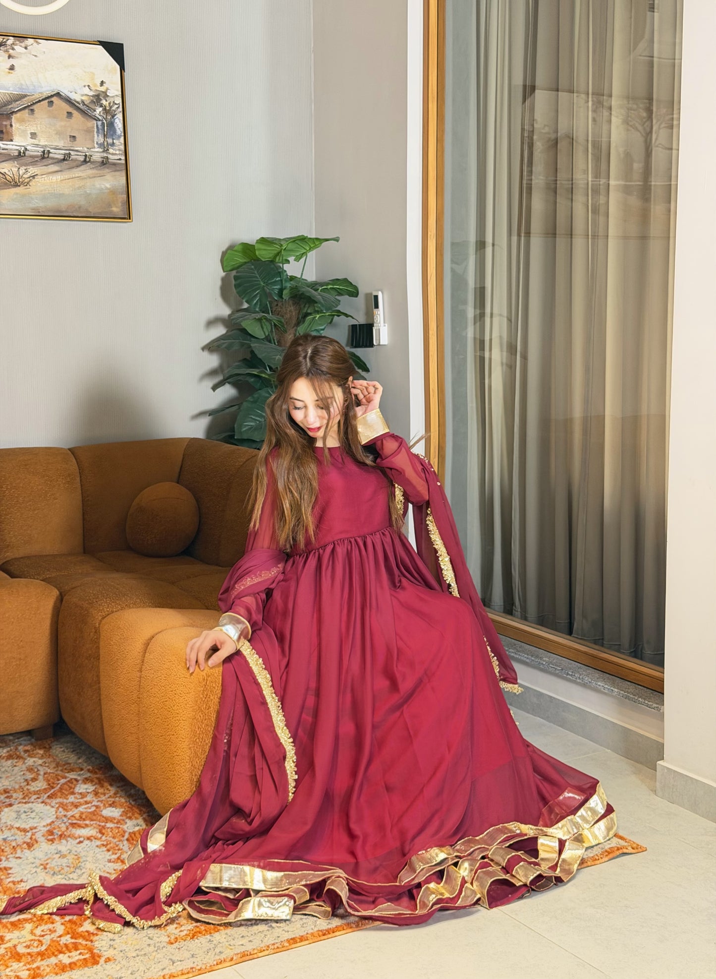 Maroon Gold-Trimmed Festive Maxi