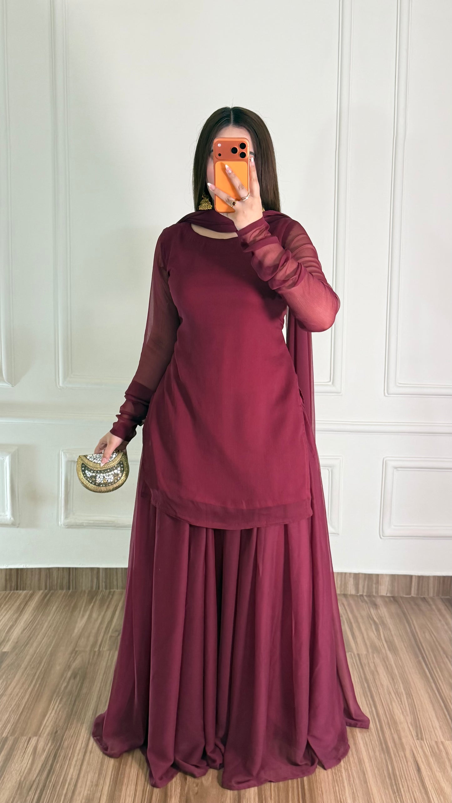 Maroon Chiffon Gharara Suit
