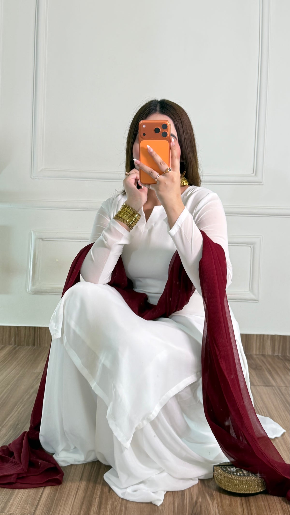 White Silk Straight Suit with Maroon Dupatta