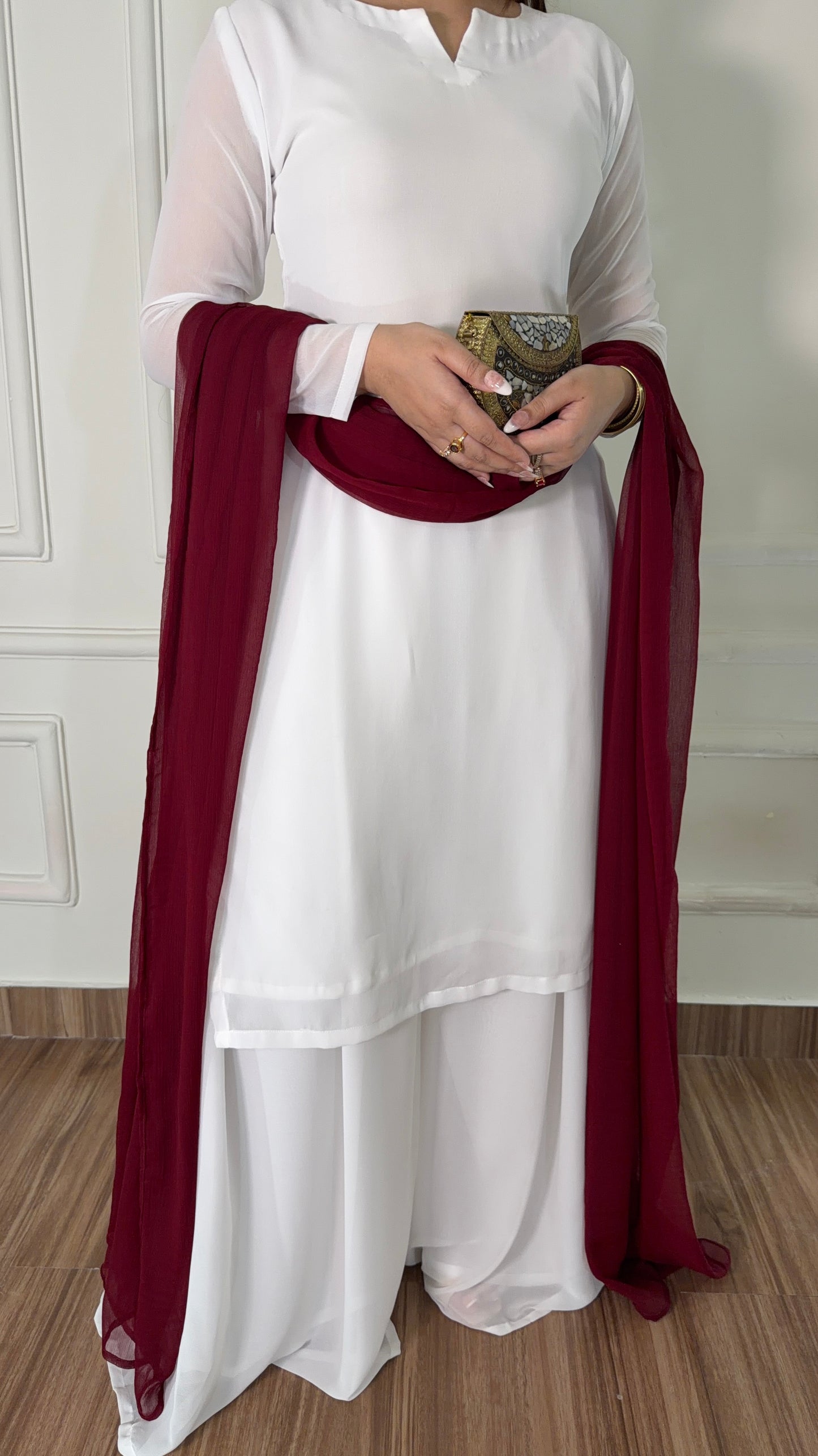 White Silk Straight Suit with Maroon Dupatta