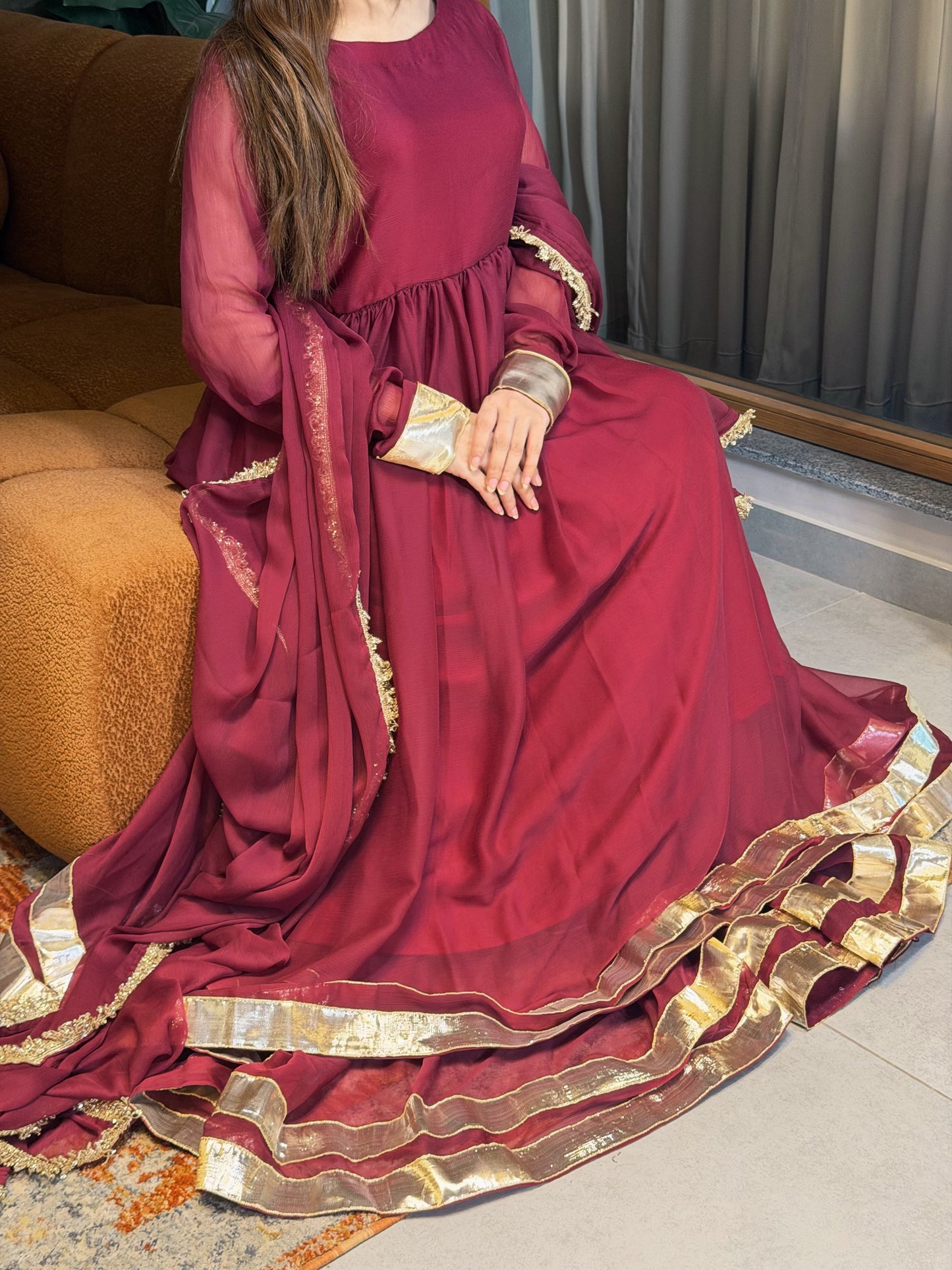 Maroon Gold-Trimmed Festive Maxi