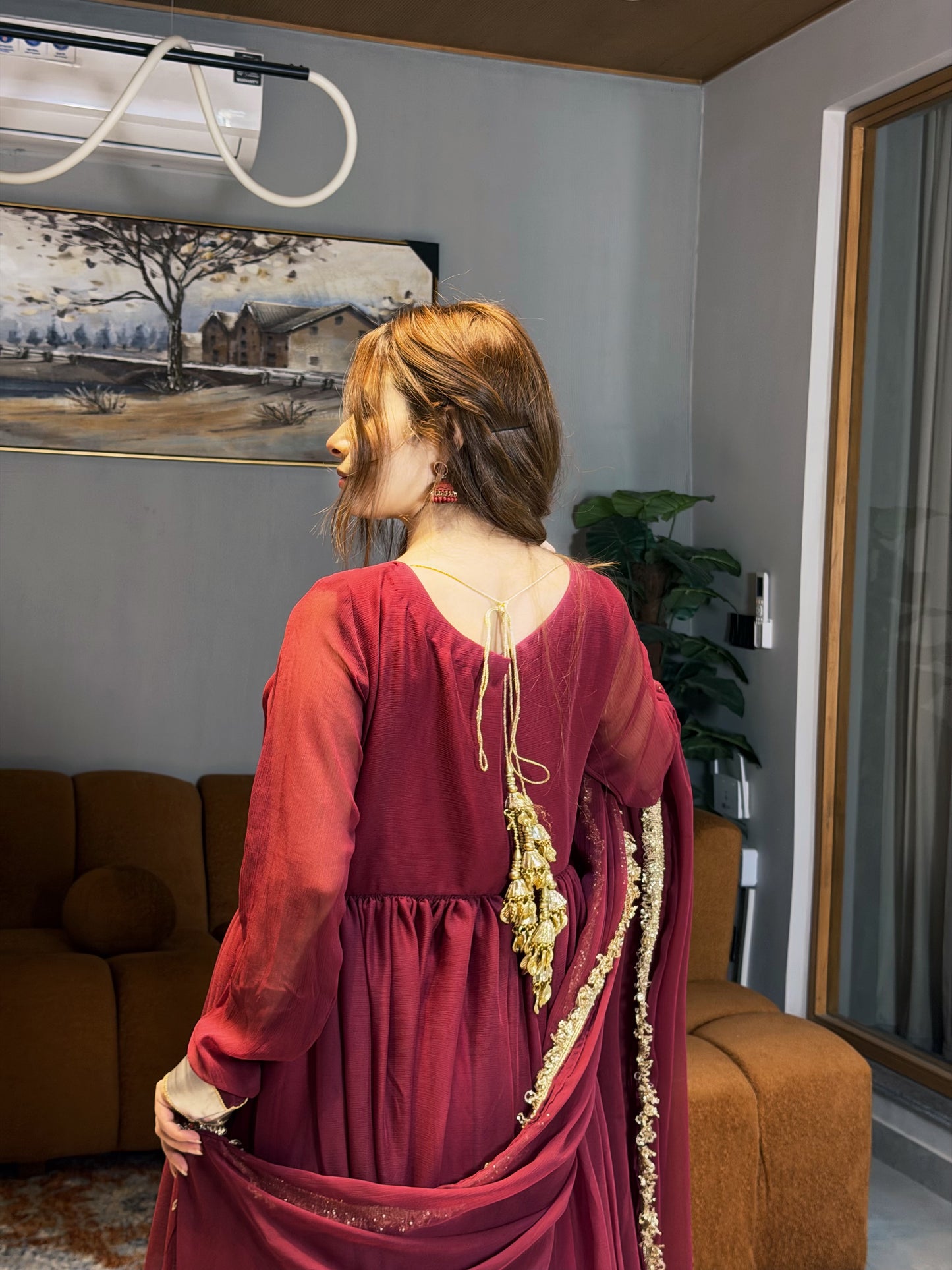 Maroon Gold-Trimmed Festive Maxi