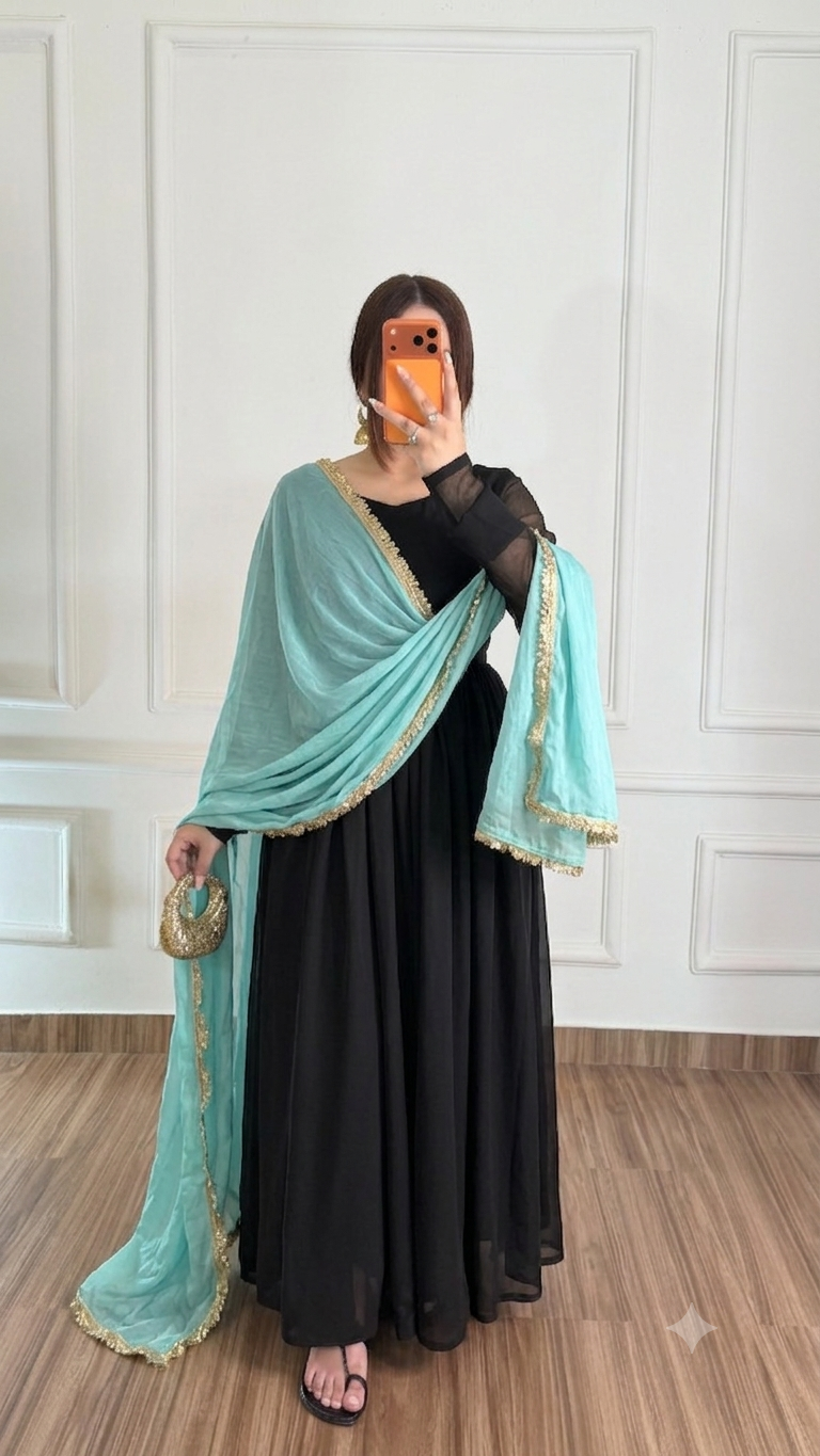 Midnight Black & Aqua Blue Chiffon Suit