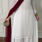 White Silk Straight Suit with Maroon Dupatta