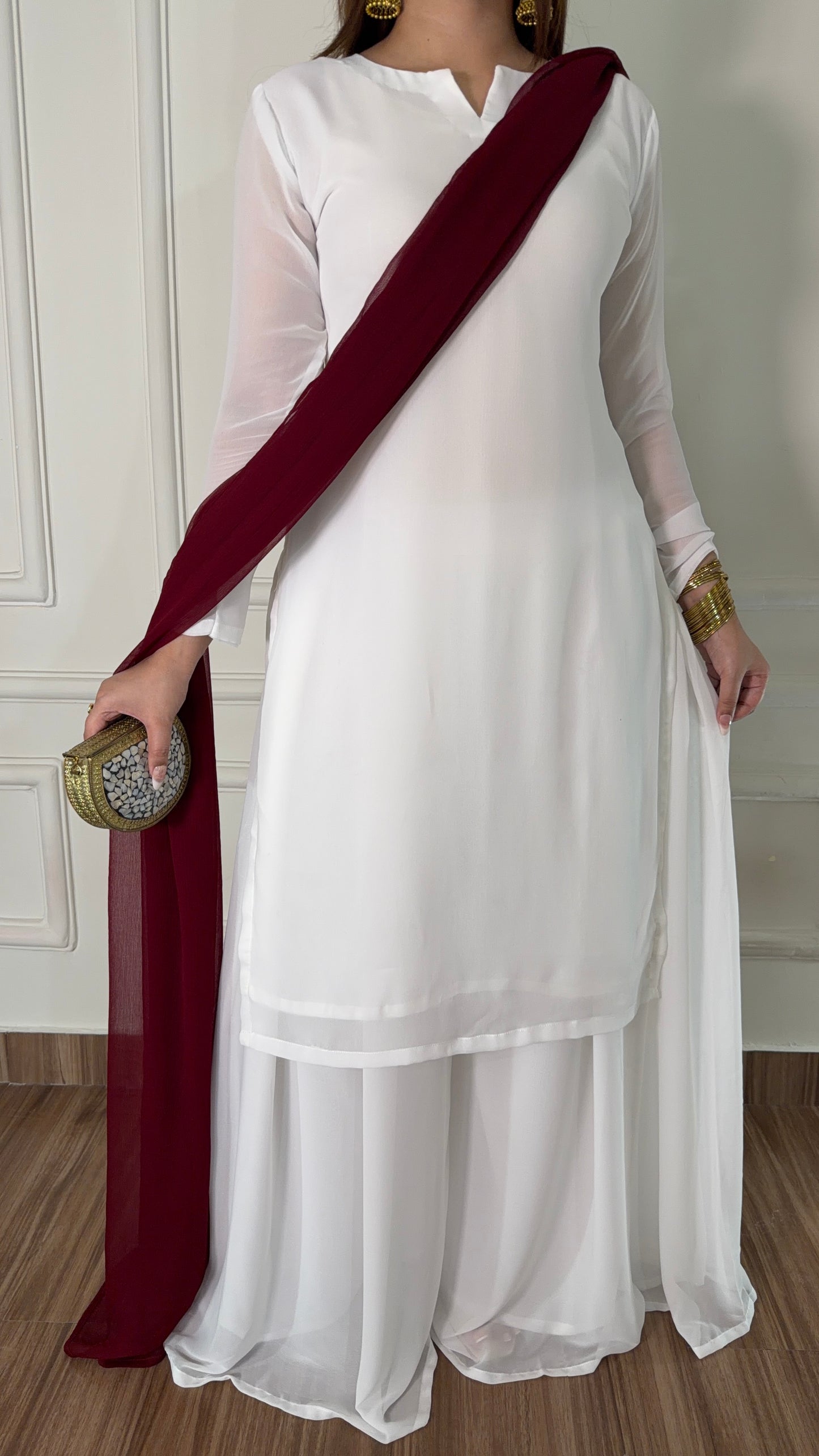 White Silk Straight Suit with Maroon Dupatta