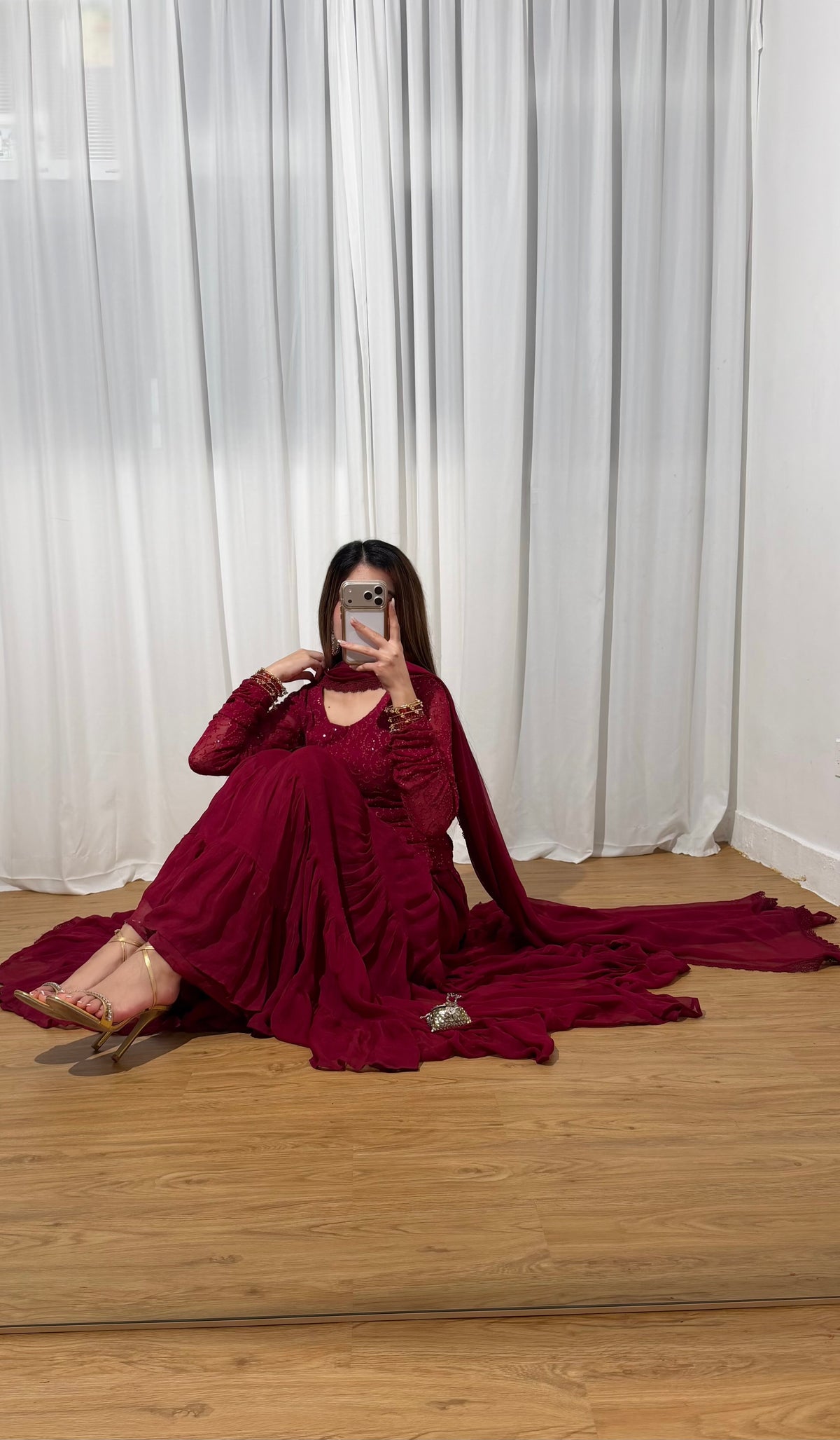 Maroon Embroidered Chiffon Sharara Set