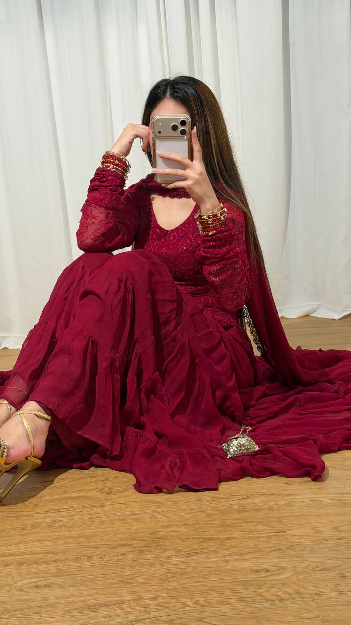 Maroon Embroidered Chiffon Sharara Set