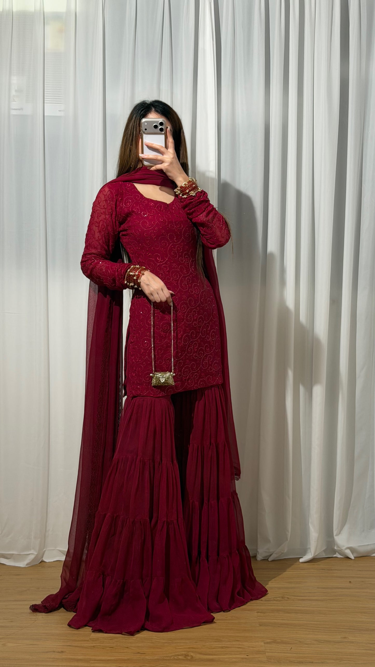 Maroon Embroidered Chiffon Sharara Set