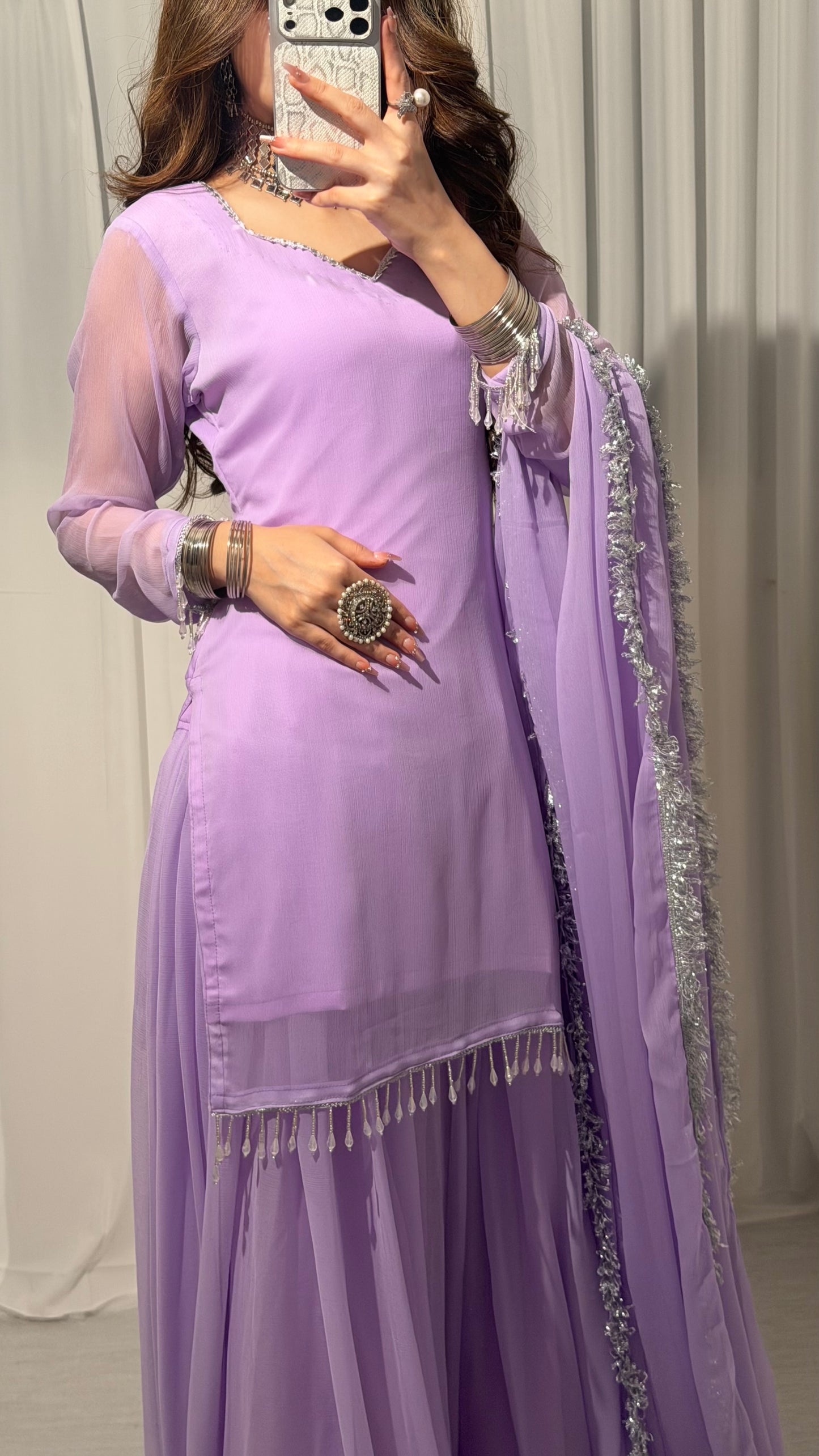 Lilac Silver-Touch Chiffon Sharara Set