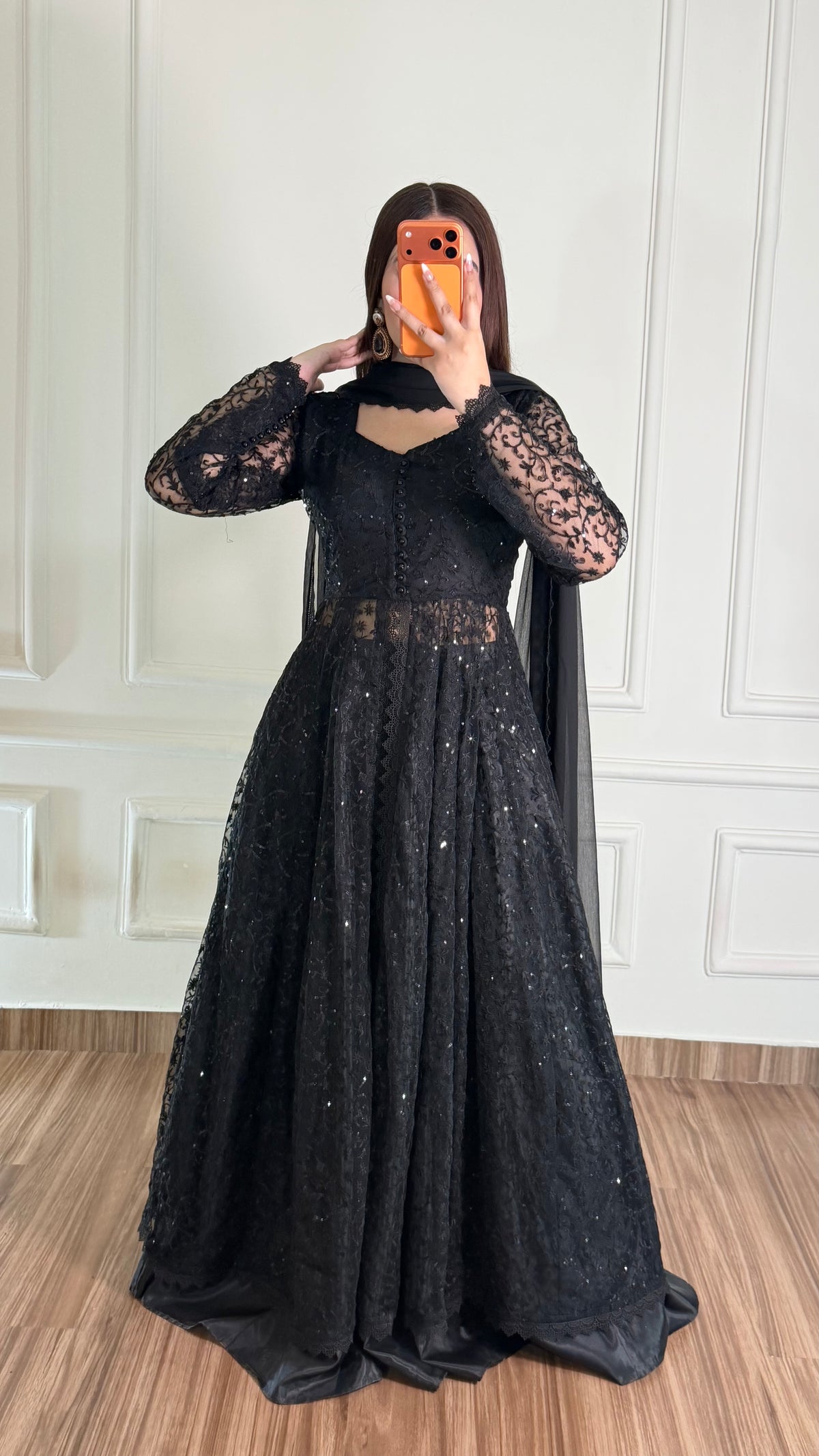 Black Lace Flared Maxi Dress