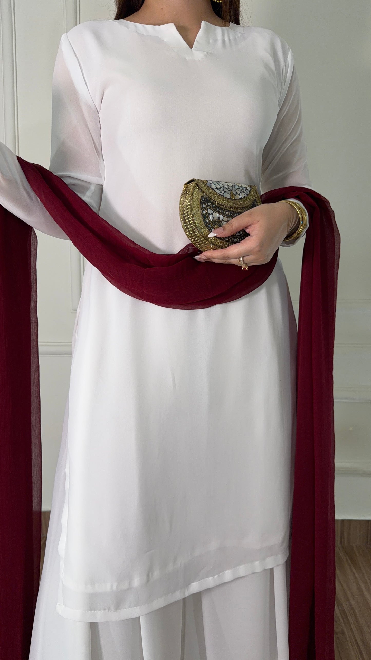 White Silk Straight Suit with Maroon Dupatta
