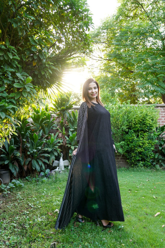 Elegant Pleated Gown with Inner Dress & Striped Overlay