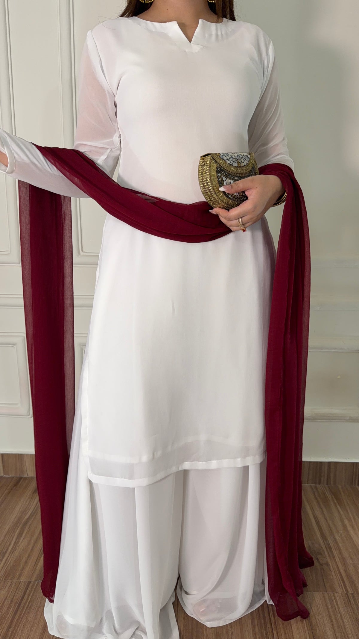 White Silk Straight Suit with Maroon Dupatta