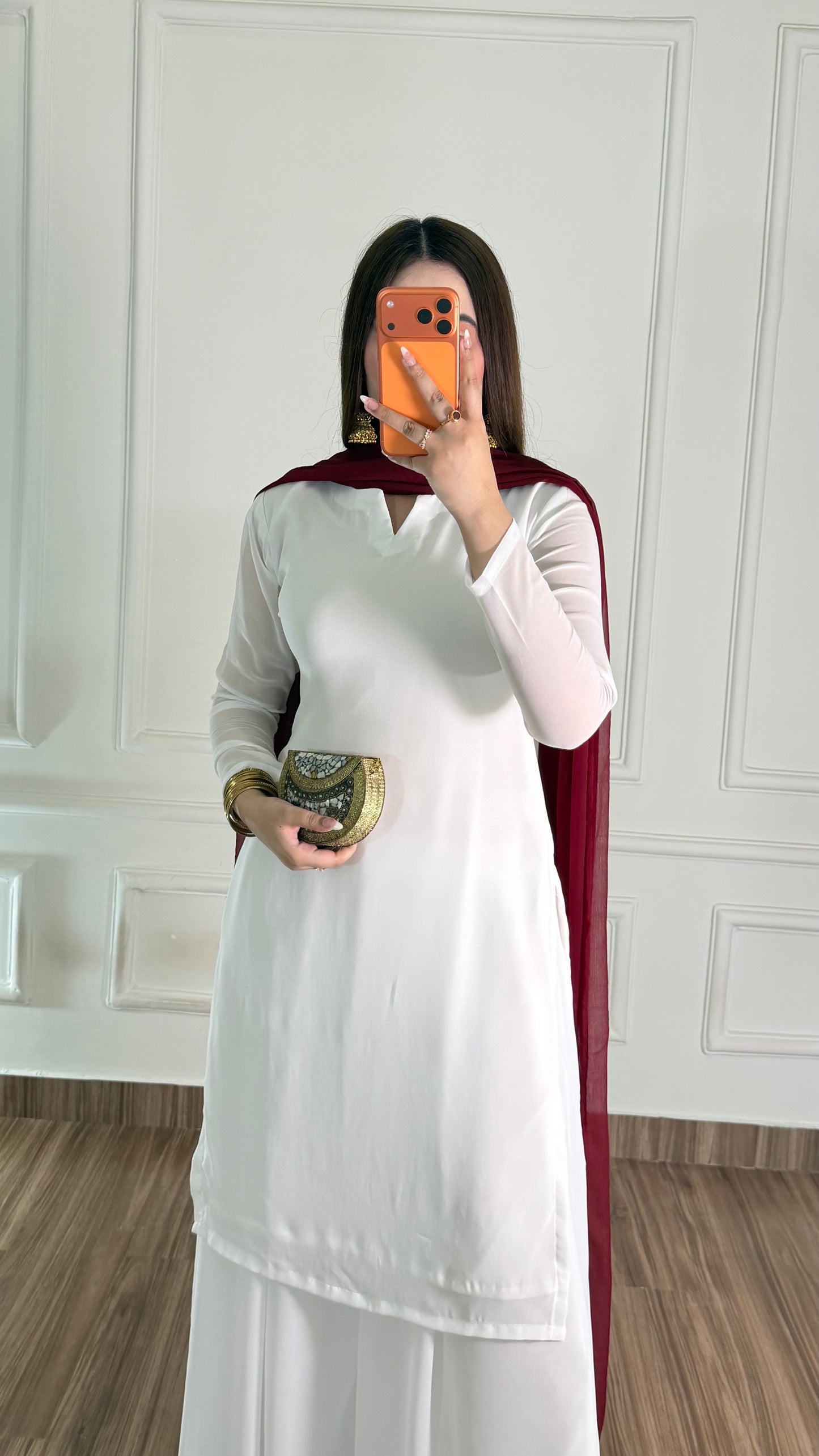 White Silk Straight Suit with Maroon Dupatta