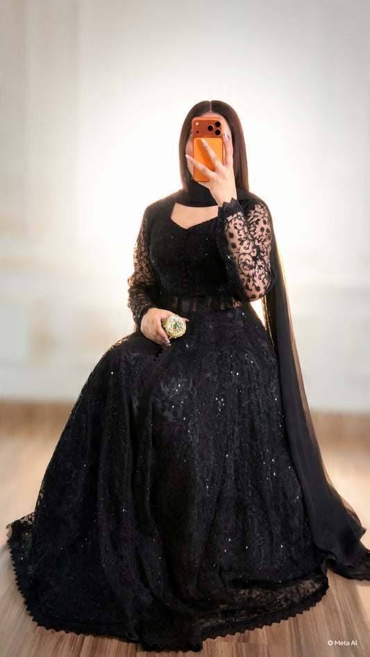 Black Lace Flared Maxi Dress