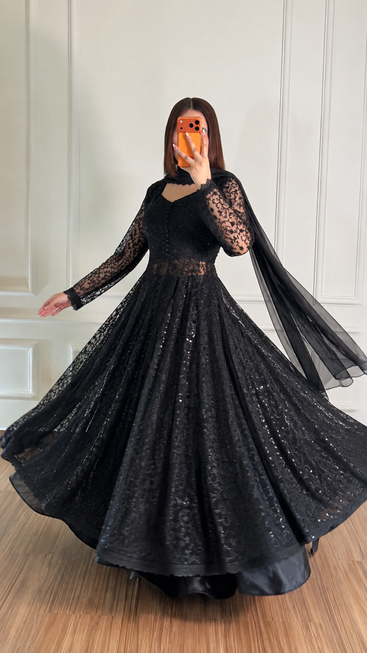Black Lace Flared Maxi Dress