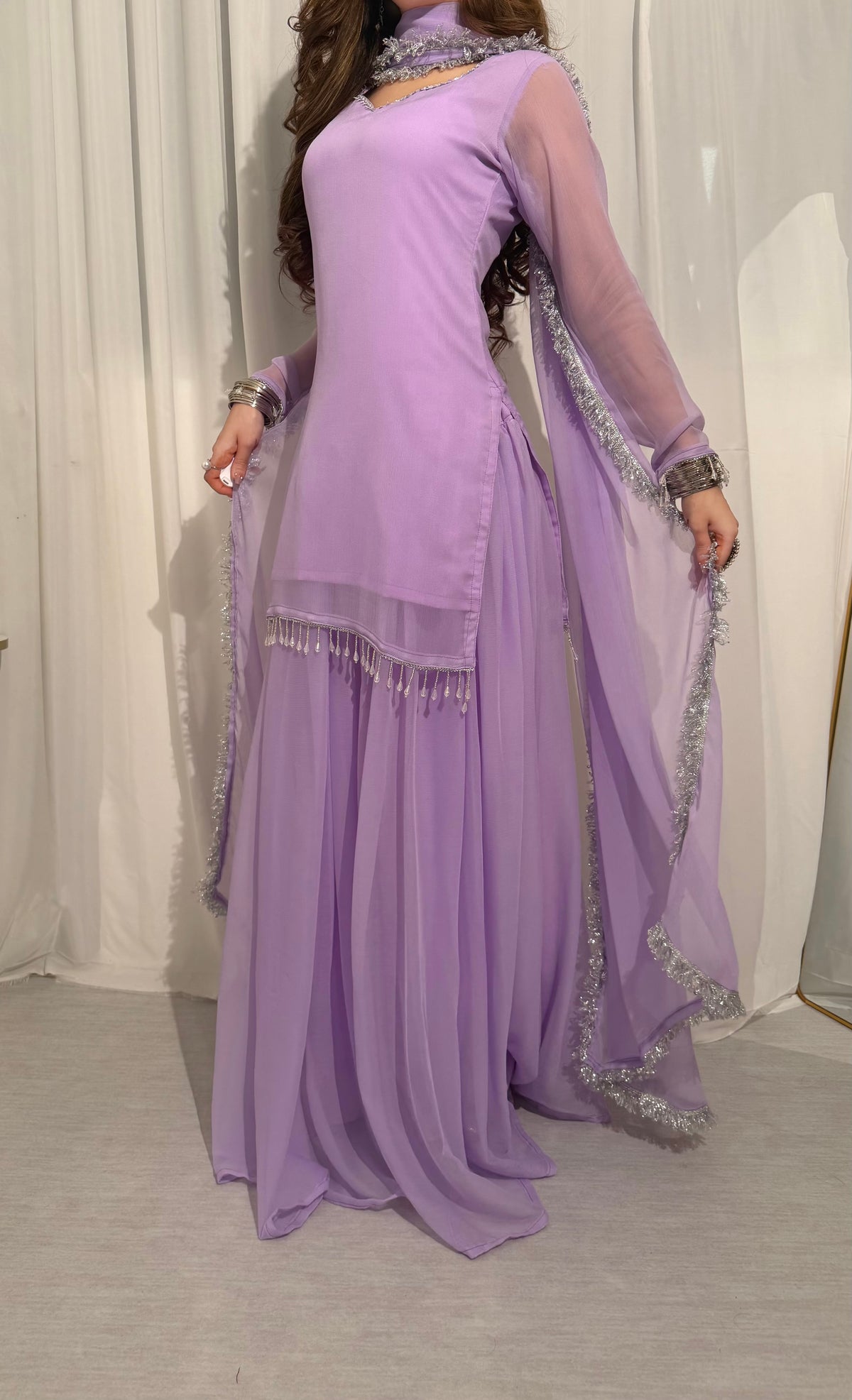 Lilac Silver-Touch Chiffon Sharara Set