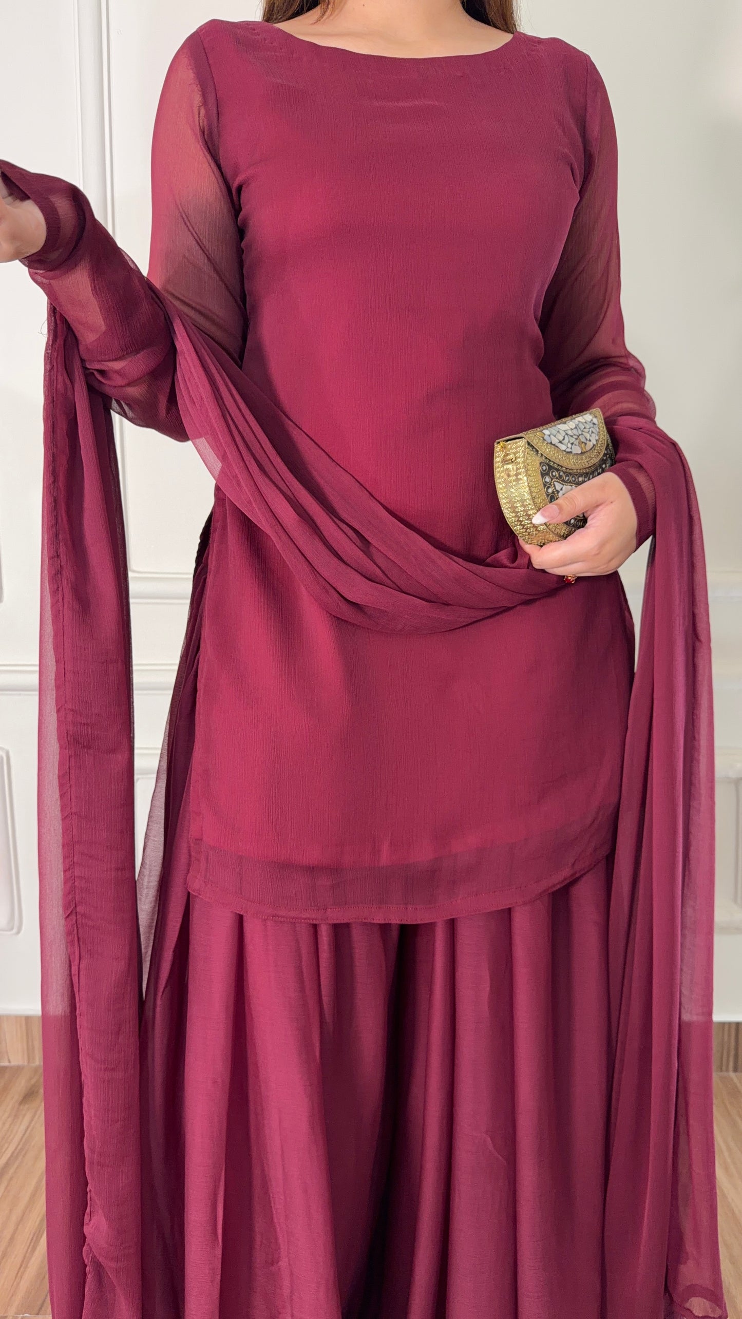 Maroon Chiffon Gharara Suit