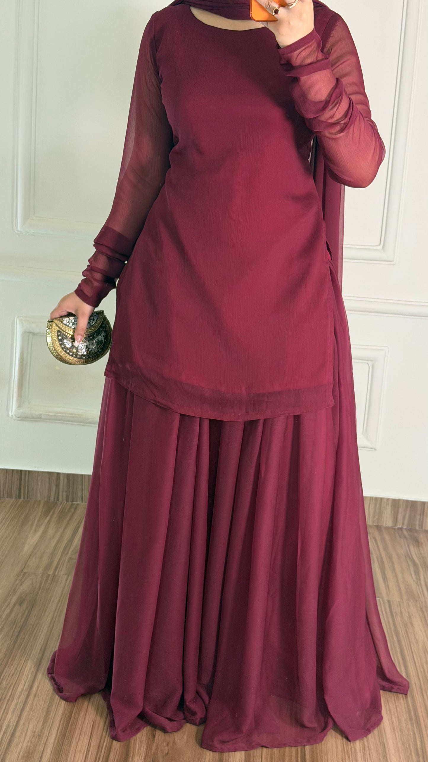 Maroon Chiffon Gharara Suit