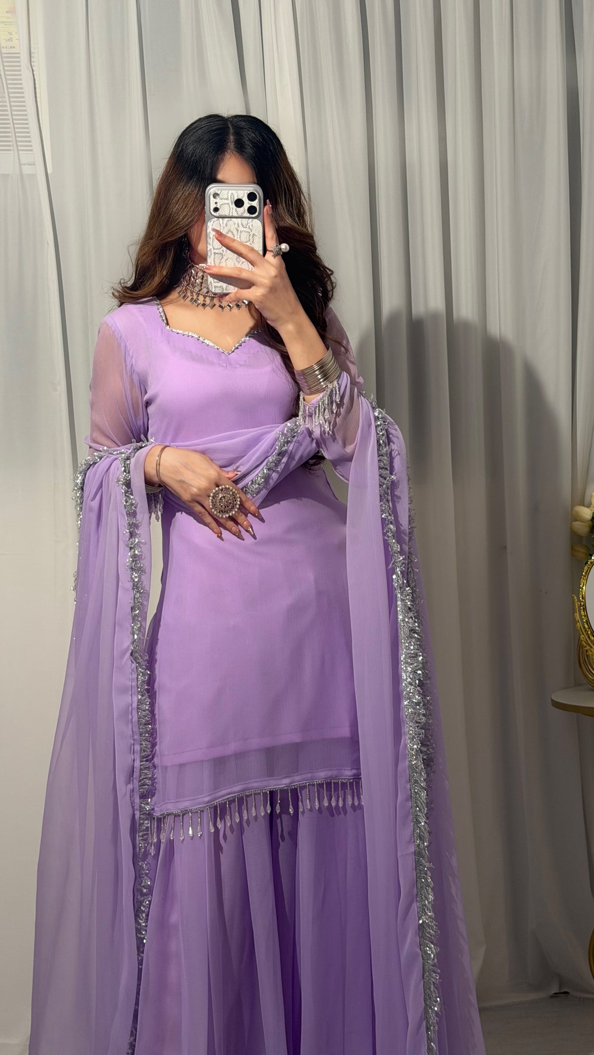 Lilac Silver-Touch Chiffon Sharara Set
