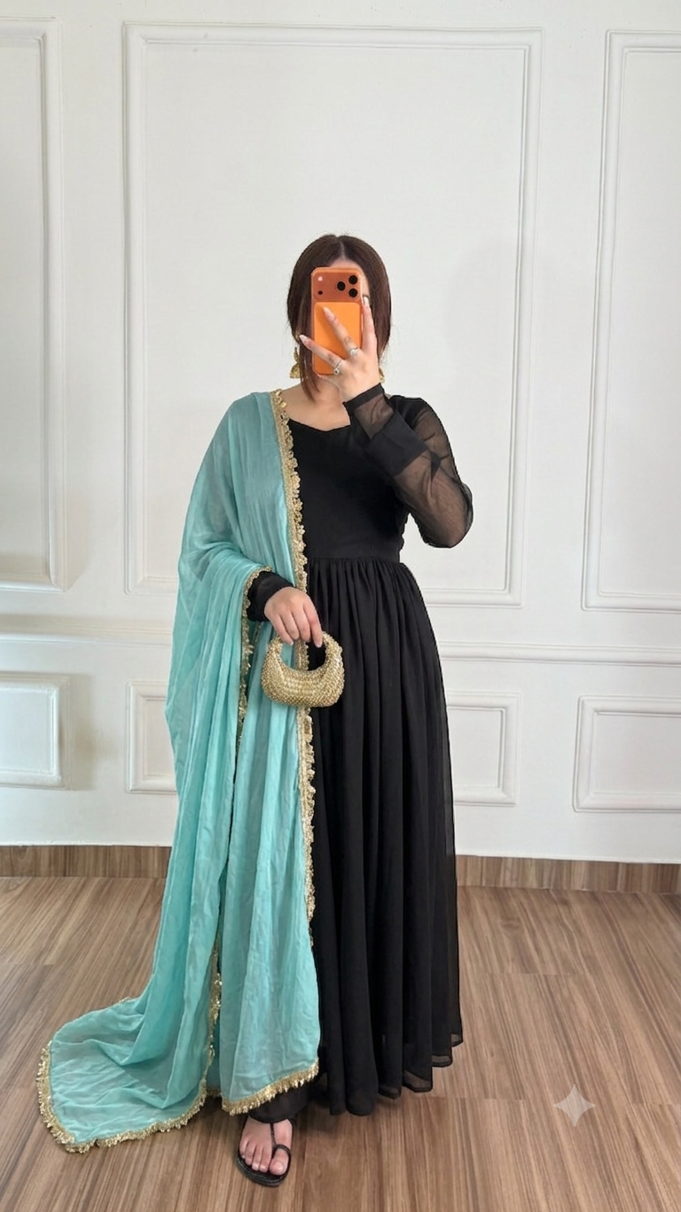 Midnight Black & Aqua Blue Chiffon Suit