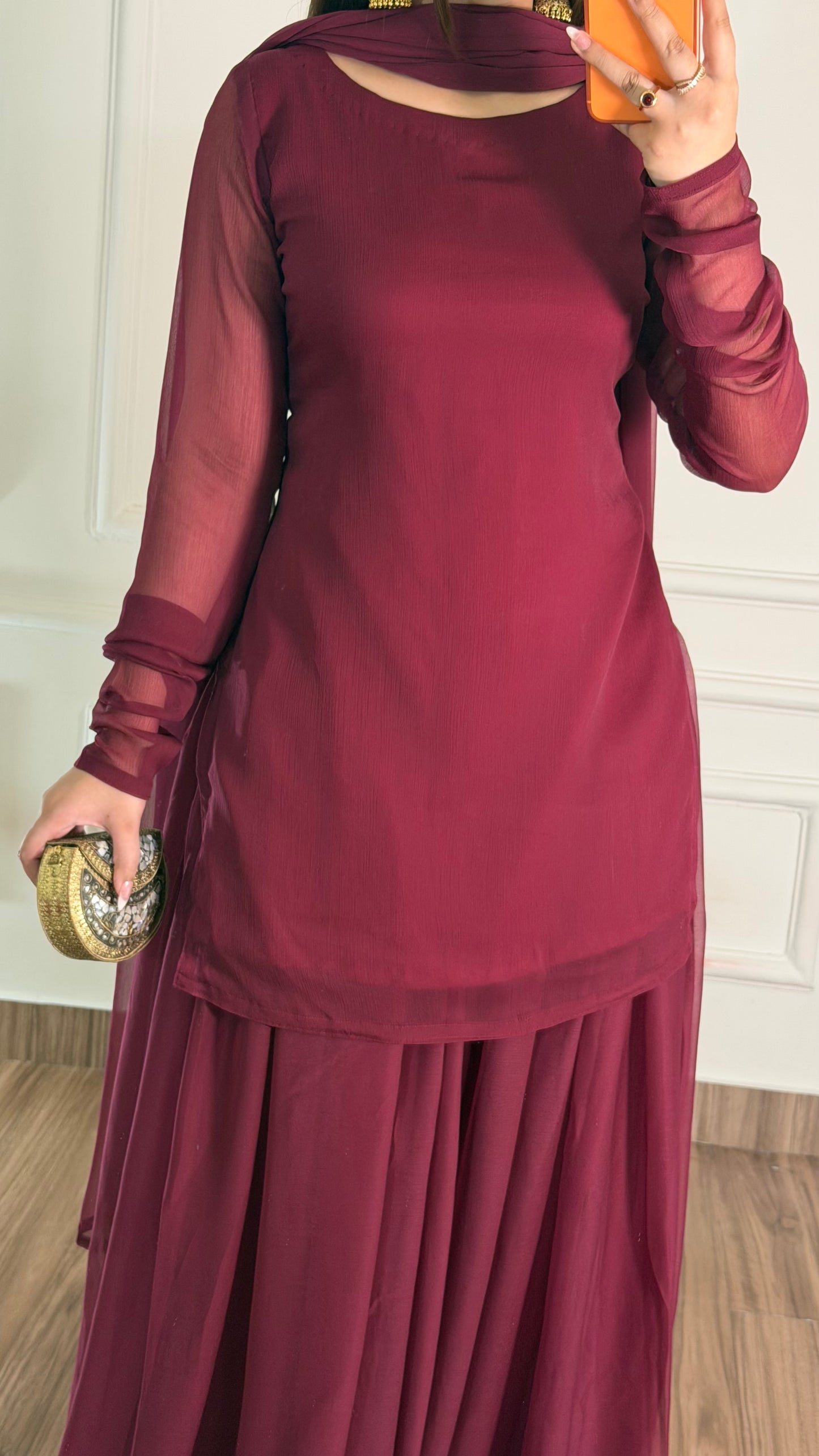 Maroon Chiffon Gharara Suit