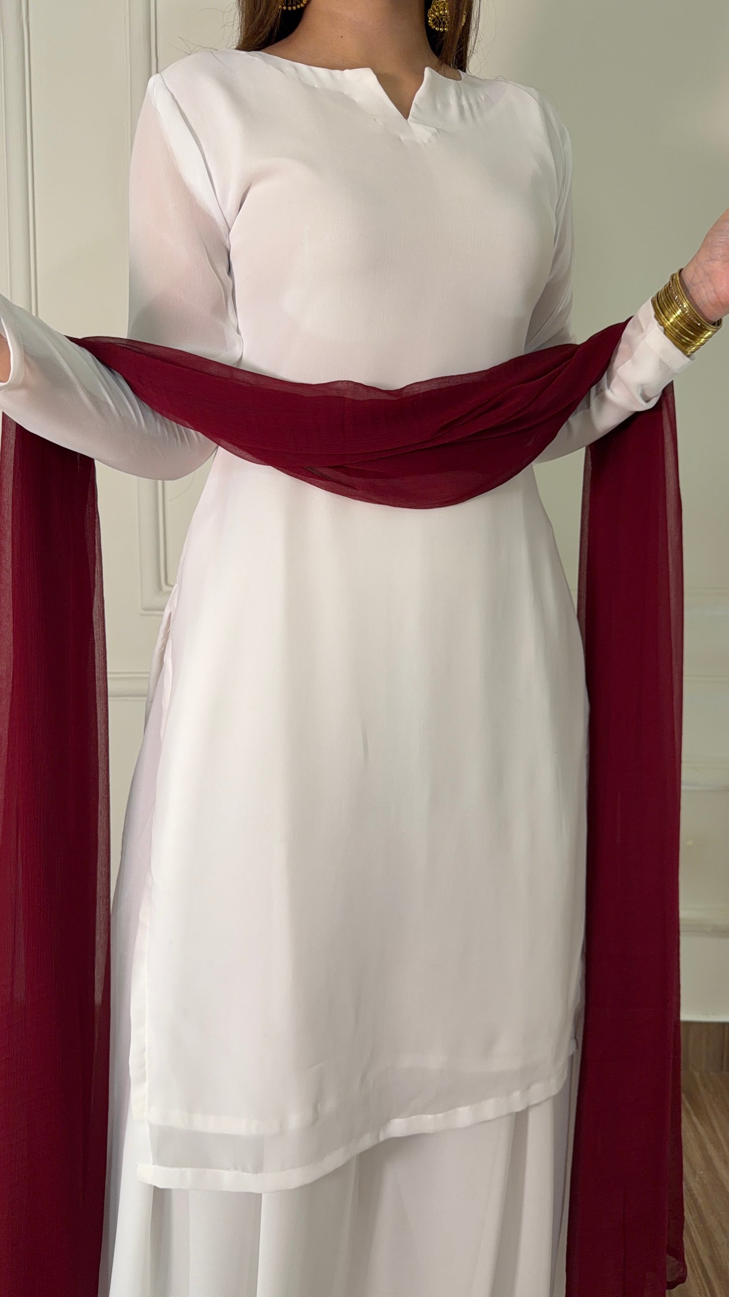 White Silk Straight Suit with Maroon Dupatta