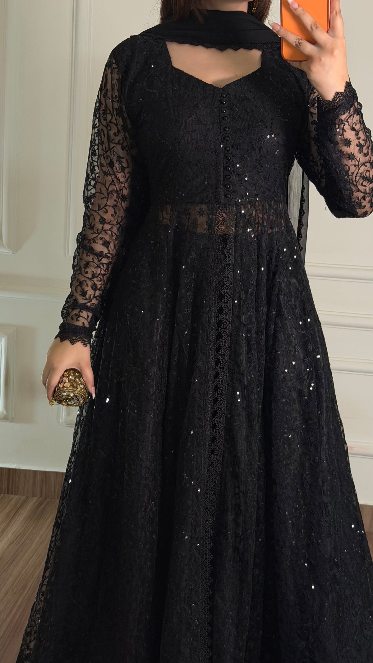 Black Lace Flared Maxi Dress