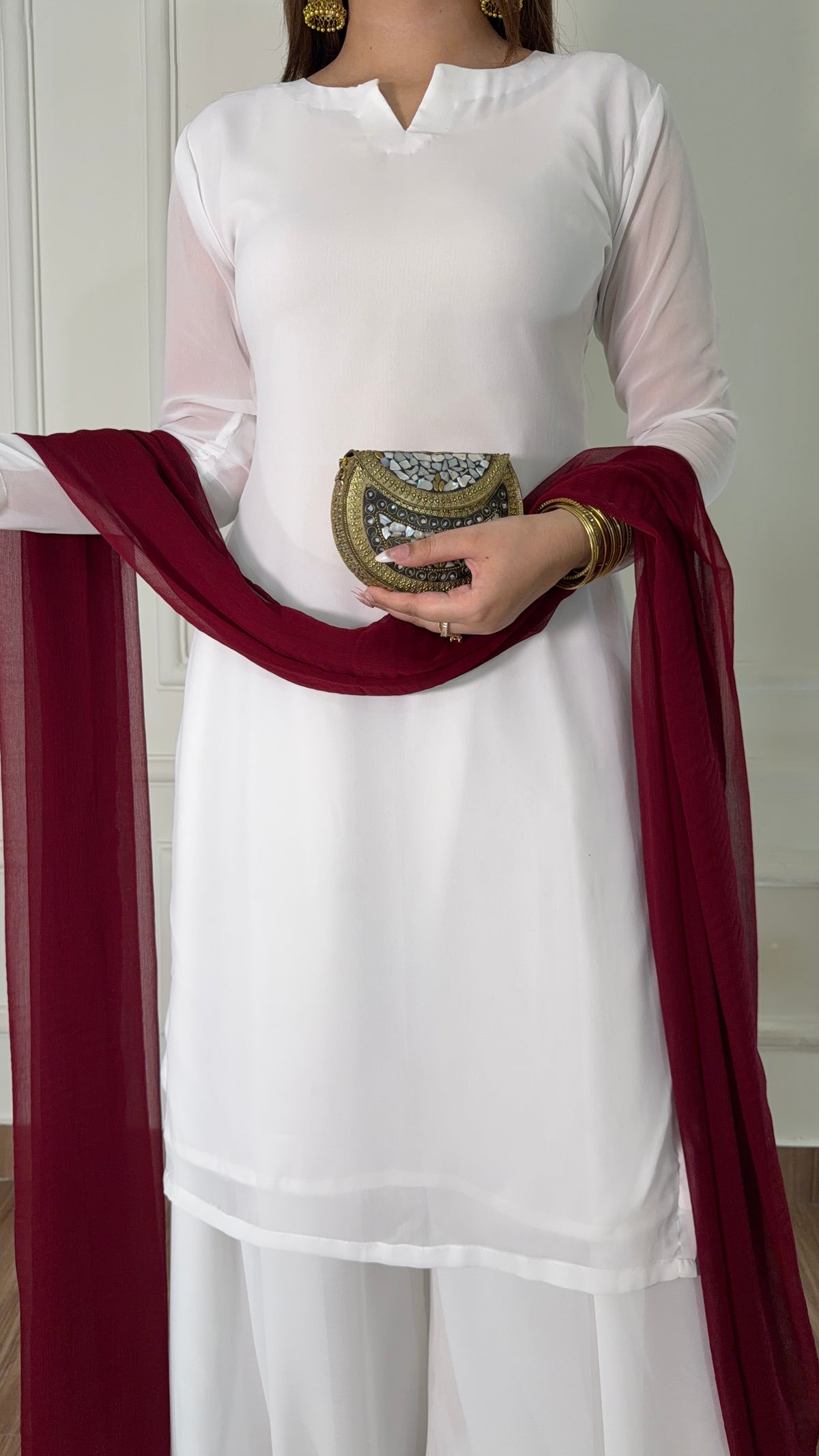 White Silk Straight Suit with Maroon Dupatta