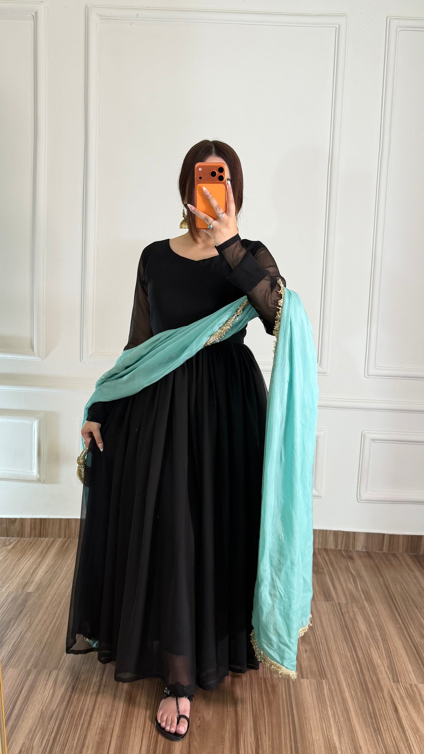 Midnight Black & Aqua Blue Chiffon Suit