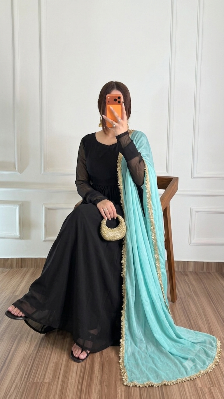 Midnight Black & Aqua Blue Chiffon Suit