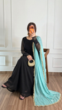 Midnight Black & Aqua Blue Chiffon Suit