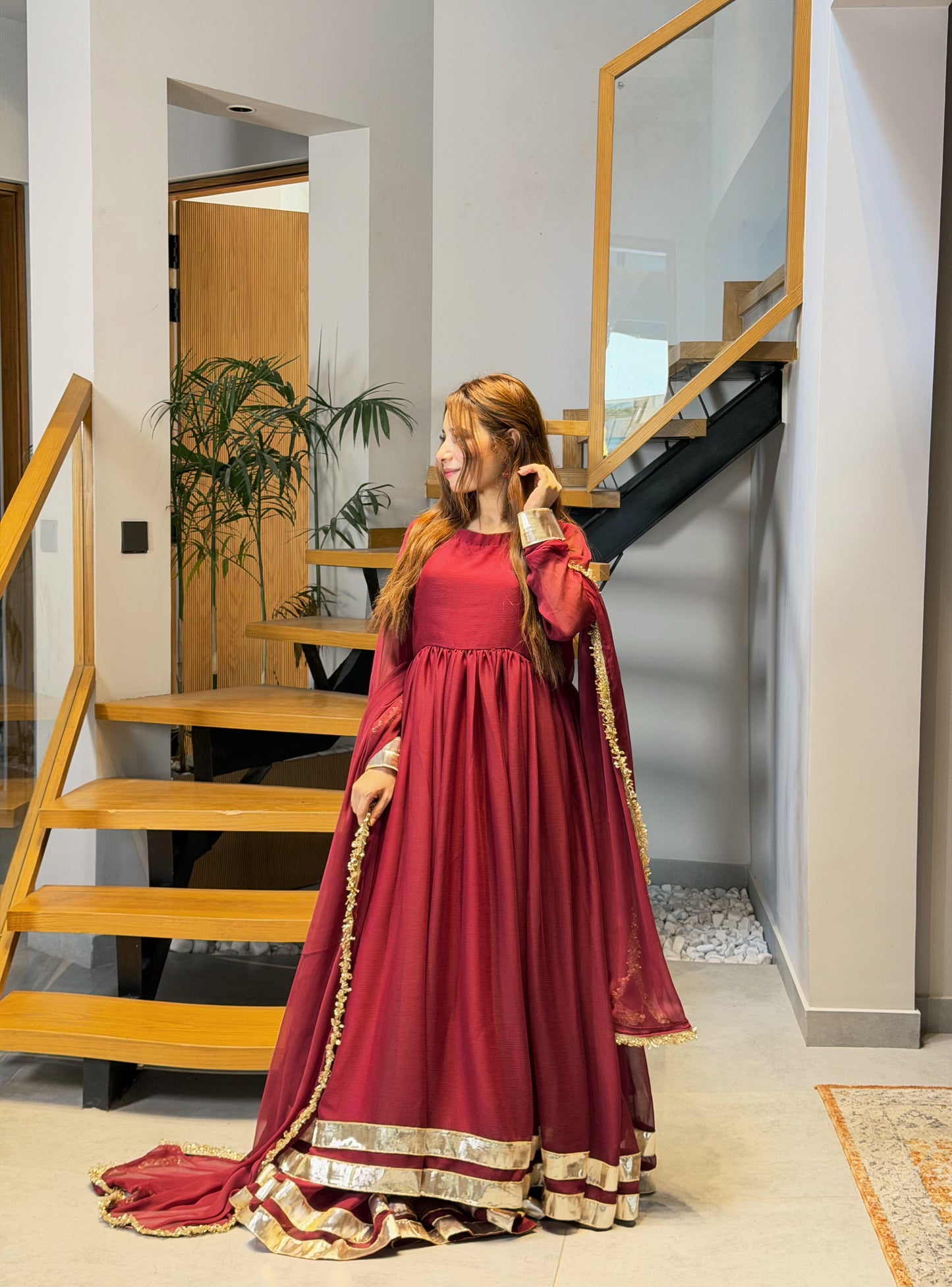Maroon Gold-Trimmed Festive Maxi