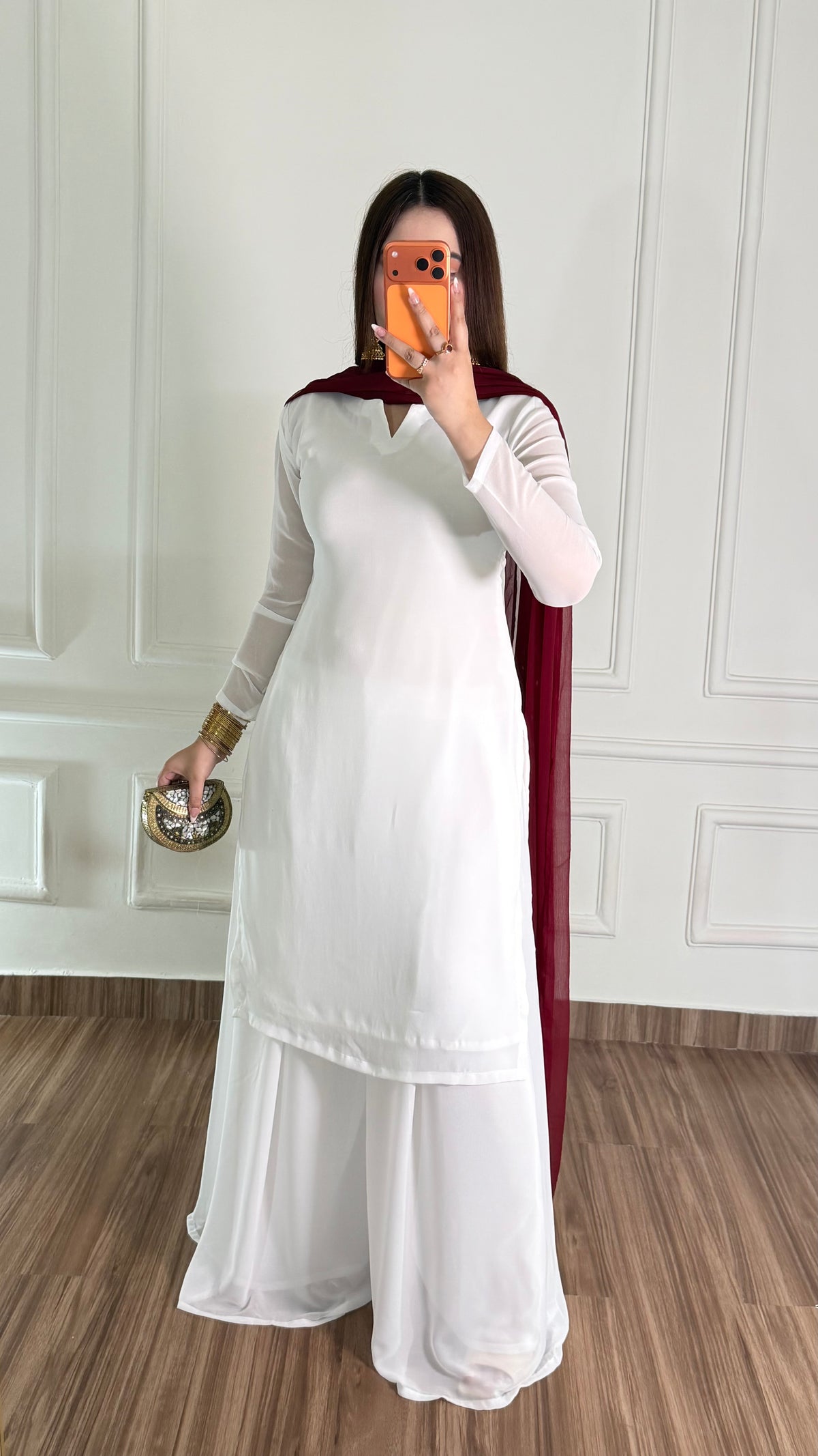 White Silk Straight Suit with Maroon Dupatta